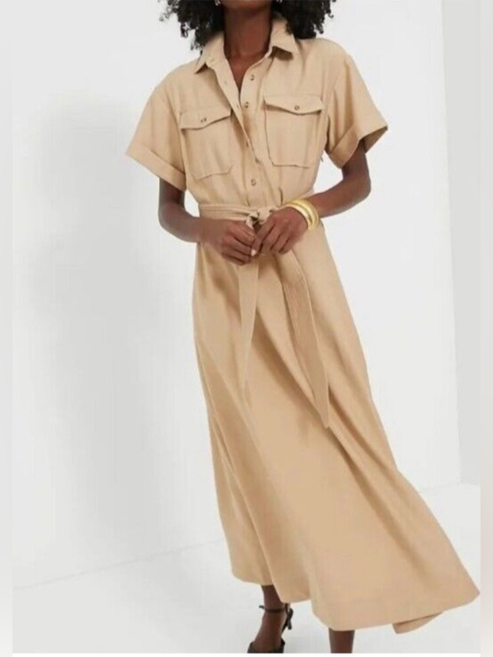 NWT Lucky Brand Beige/Tan Buttoned Tiered Midi Dress Lightweight Size Large